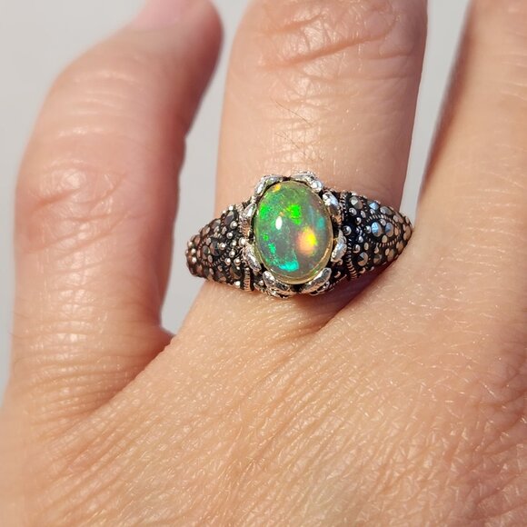 VTG 4.31g 925 Natural Ethiopian Welo Fire Opal W/ Marcasite Ring Sz 6 - Picture 6 of 15
